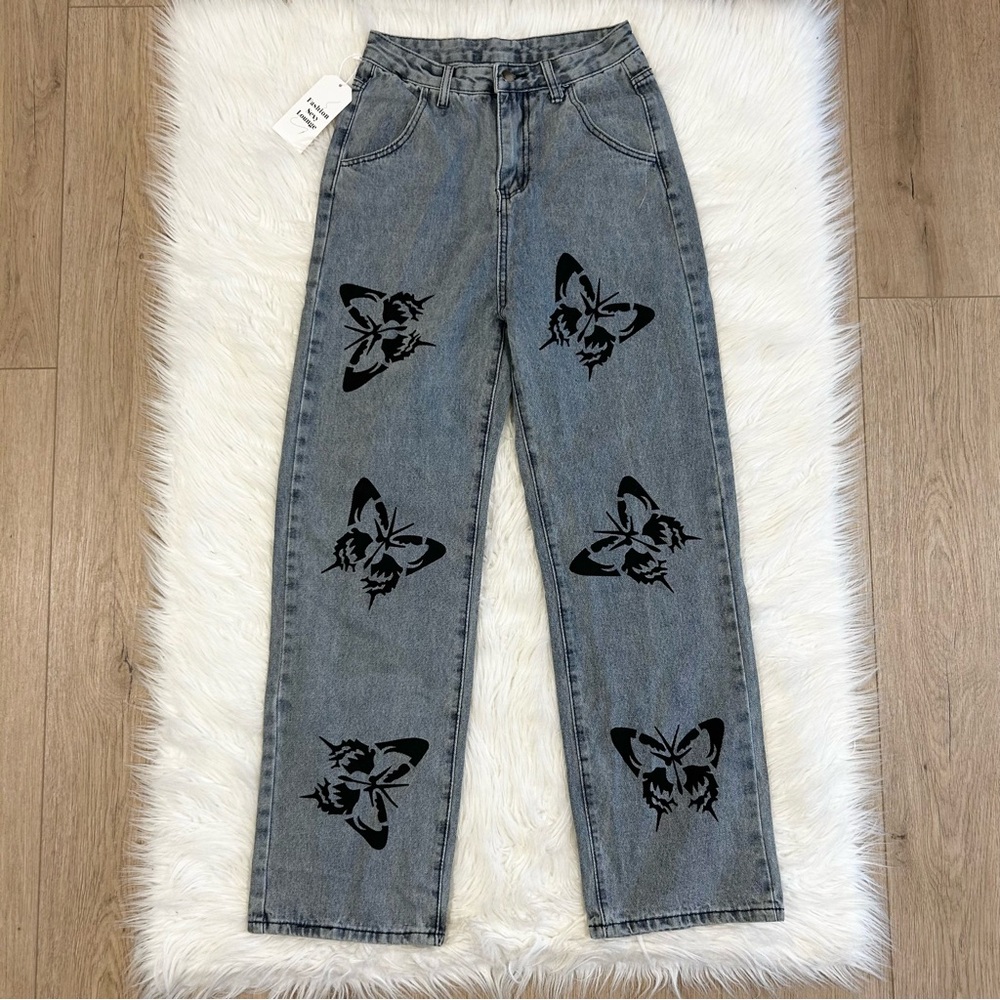 NEW Butterfly Print High Rise Blue‎ Gray Jeans Size Small